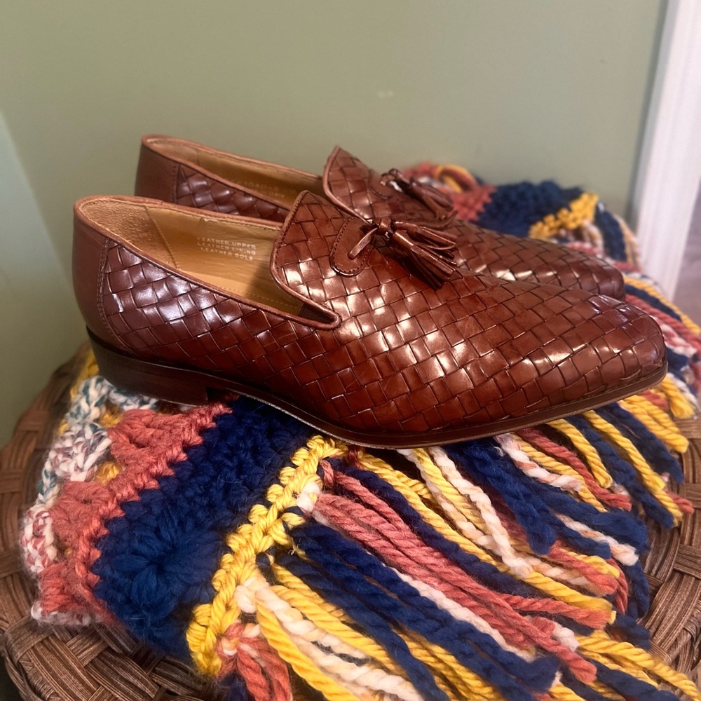 Men Brown Woven Leather Loafers with Tassels size 8 1/2 - Picture 3 of 16